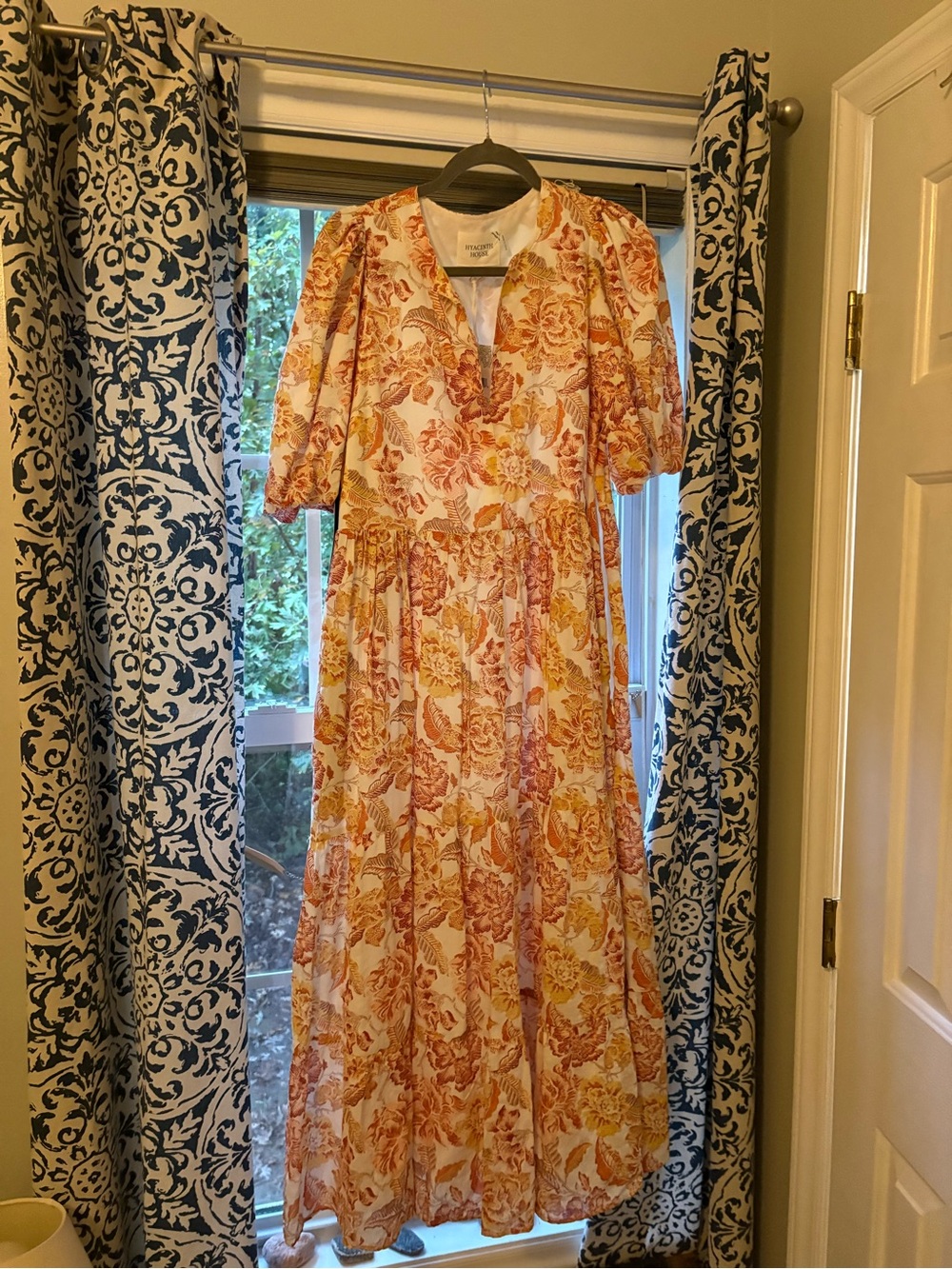 Peach & Mustard Floral Tiered Maxi Dress — V-Neck Puff Sleeve